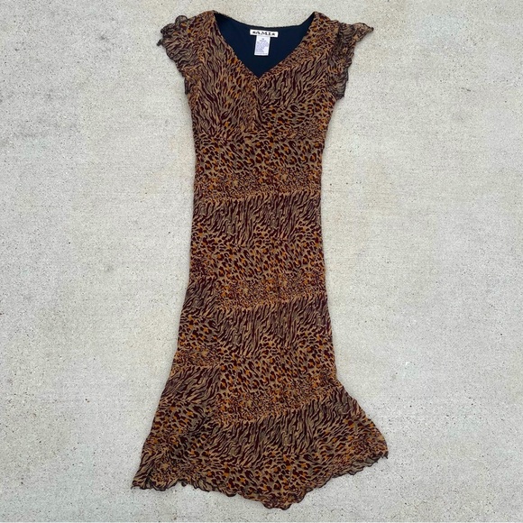 Vintage Y2K Women's M Slip On Leopard Print Midi Dress Flowy Ruffle Hem Chiffon - Picture 1 of 5
